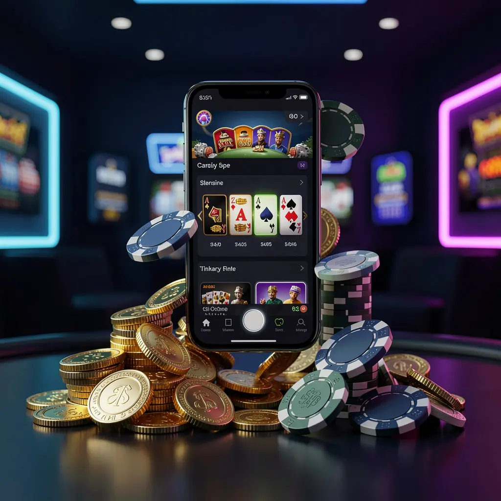 K7 BTD online casino app promotion banner showing a phone floating above golden coins and poker chips with a dark blue and black background and cinematic neon glow in a realistic 3D render