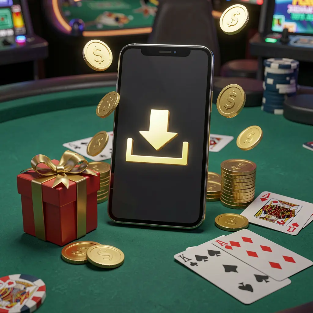 K7 BTD casino app download concept showing a smartphone with a download icon surrounded by golden coins, a gift box, and playing cards in a modern mobile gaming atmosphere