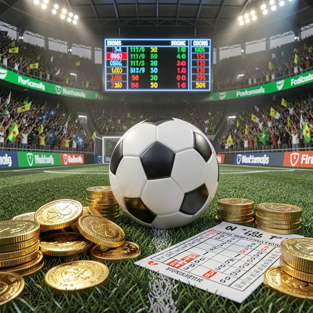 K7 BTD premium sports betting scene featuring a football field with a stadium crowd, a soccer ball, golden coins, betting slip elements, and neon odds panels in a realistic high detail 3D render