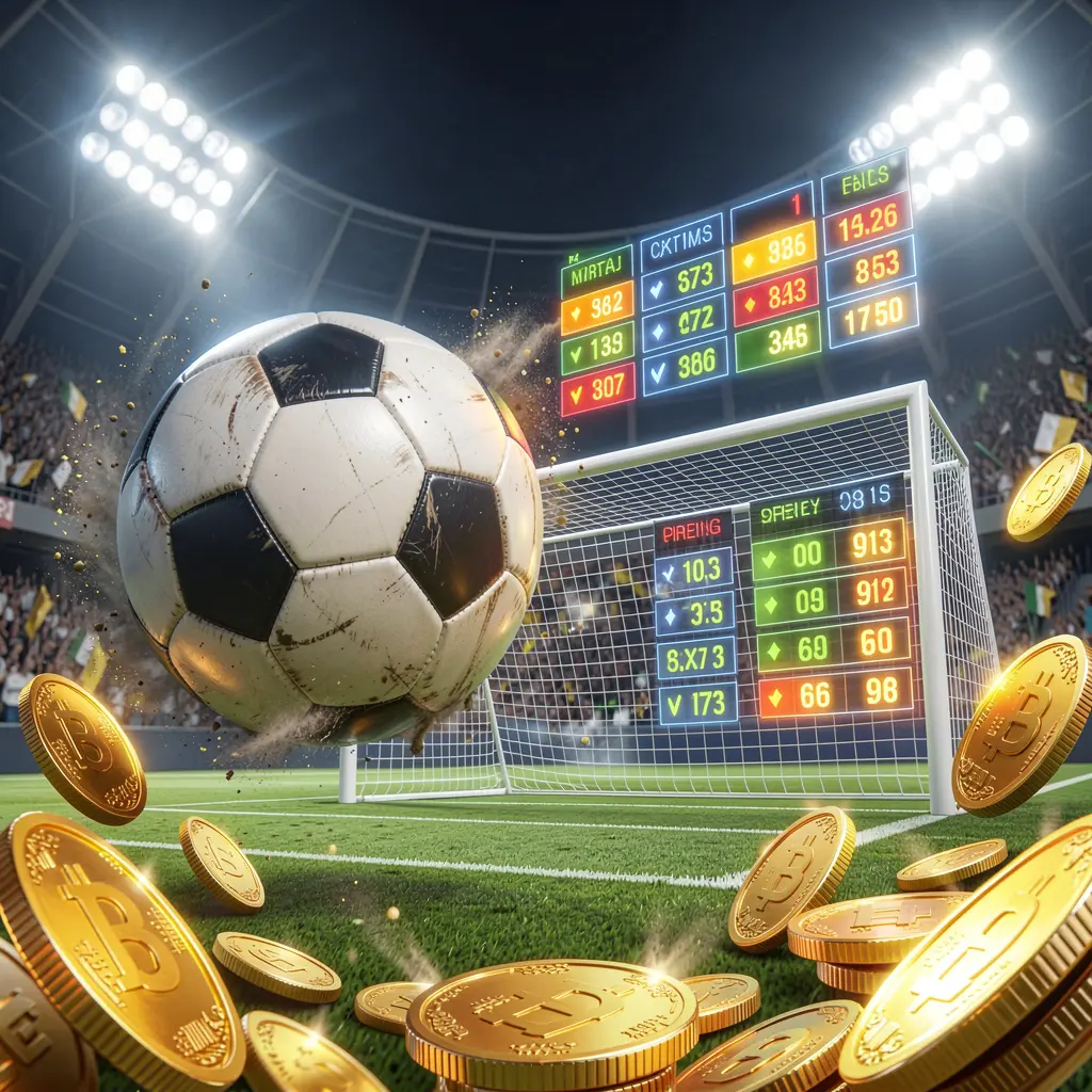 K7 BTD premium match betting visual showing a soccer ball flying toward the goal in a stadium with floodlights, glowing odds interface, and golden coins creating a dynamic sports betting atmosphere