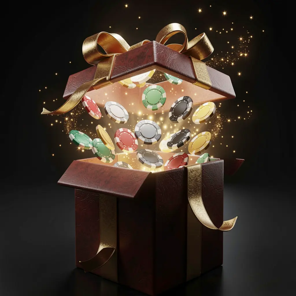 K7 BTD no deposit bonus visual featuring free casino chips emerging from a glowing gift box with magical sparkles against a dark premium background in a realistic 3D render