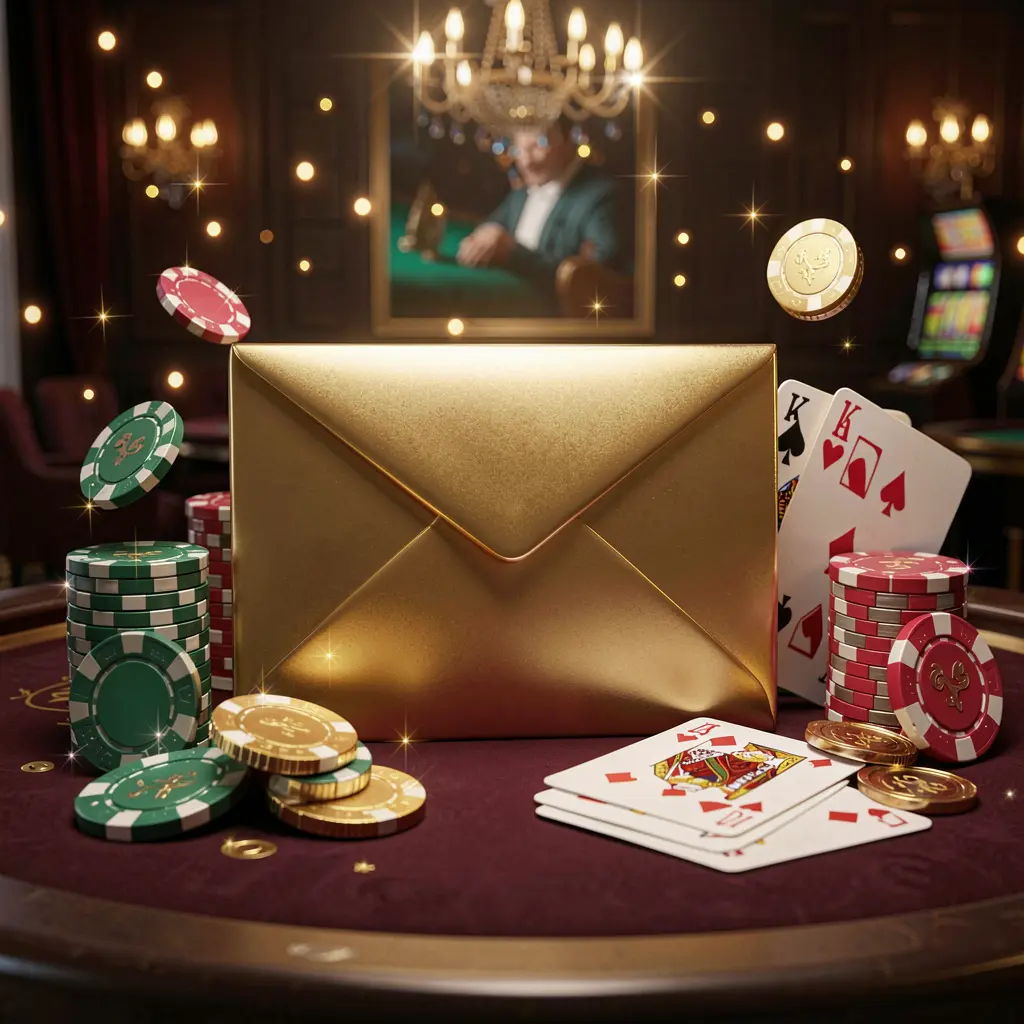 K7 BTD exclusive casino promotion featuring a golden envelope surrounded by poker chips, coins, and playing cards against a luxurious dark background with sparkling lights