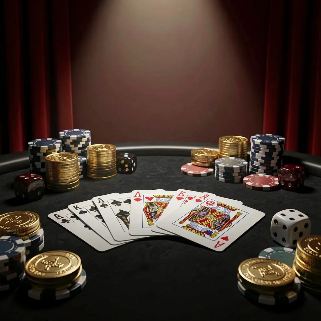 K7 BTD casino table featuring a royal flush hand, poker chips, golden coins, and dice on a luxury black and red background with dramatic spotlight in a realistic 3D render