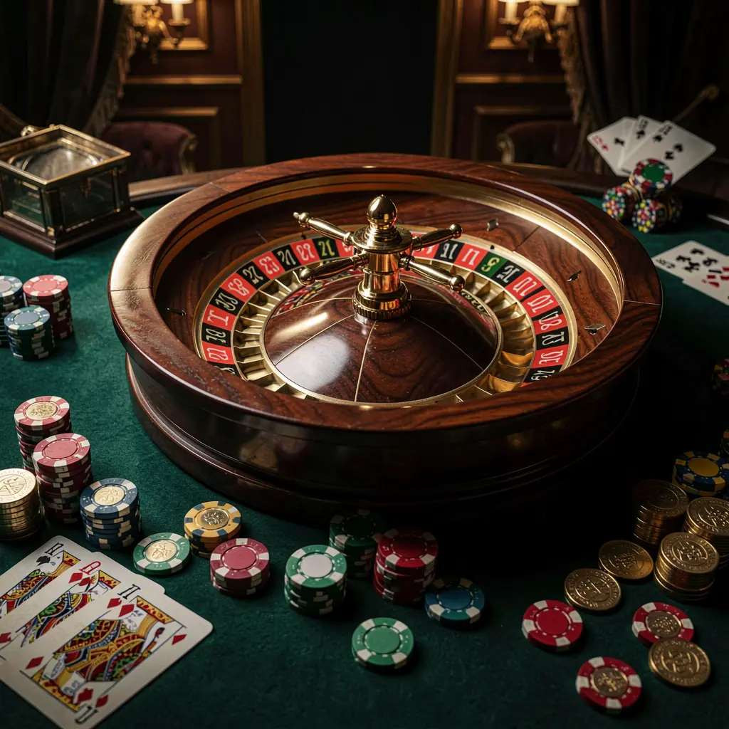K7 BTD classic casino scene featuring a spinning roulette wheel, scattered chips, playing cards, and coins on a table with an elegant dark background and cinematic lighting