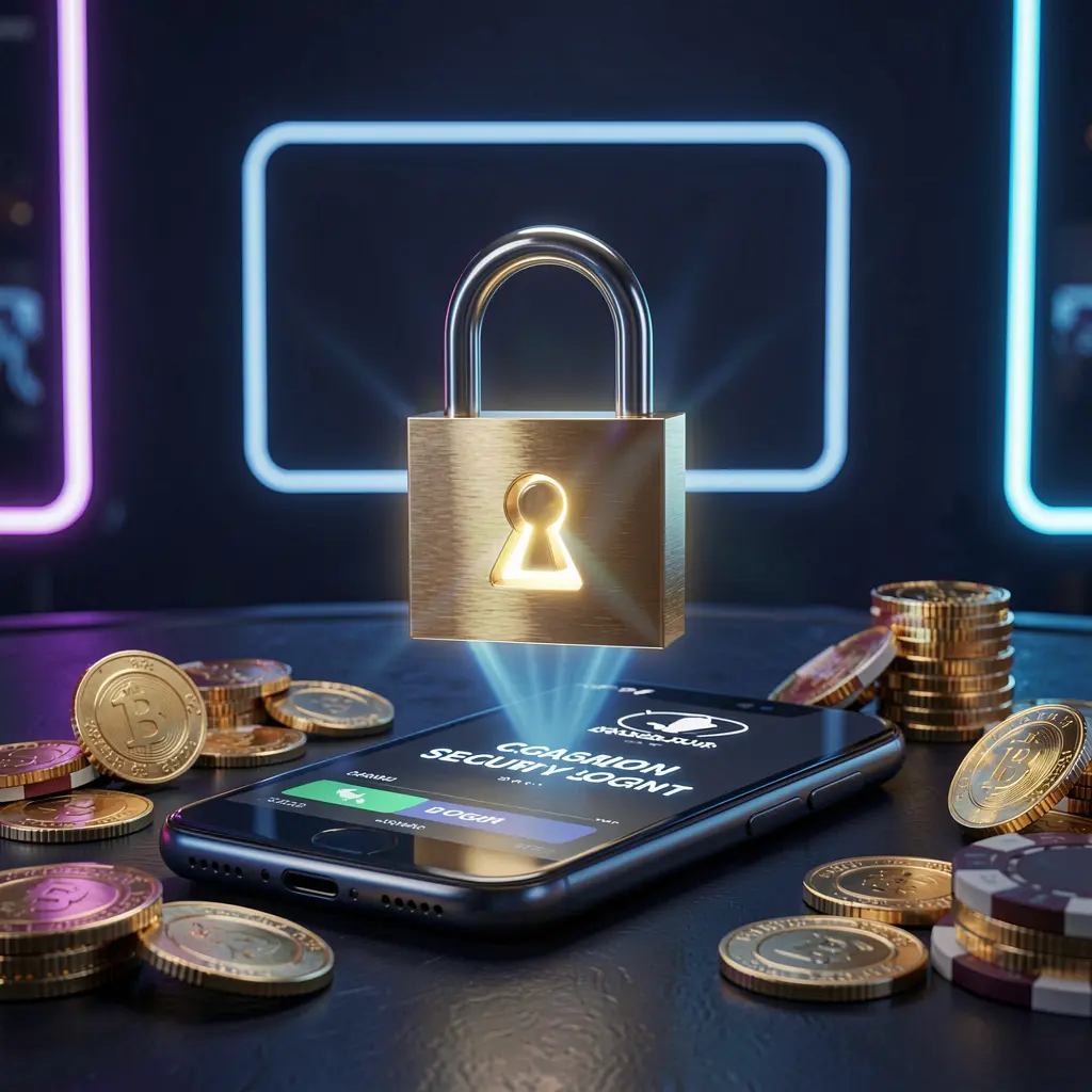K7 BTD casino login security image featuring a glowing padlock floating above a smartphone with golden coins and chips scattered around on a dark blue neon background in a premium realistic 3D render