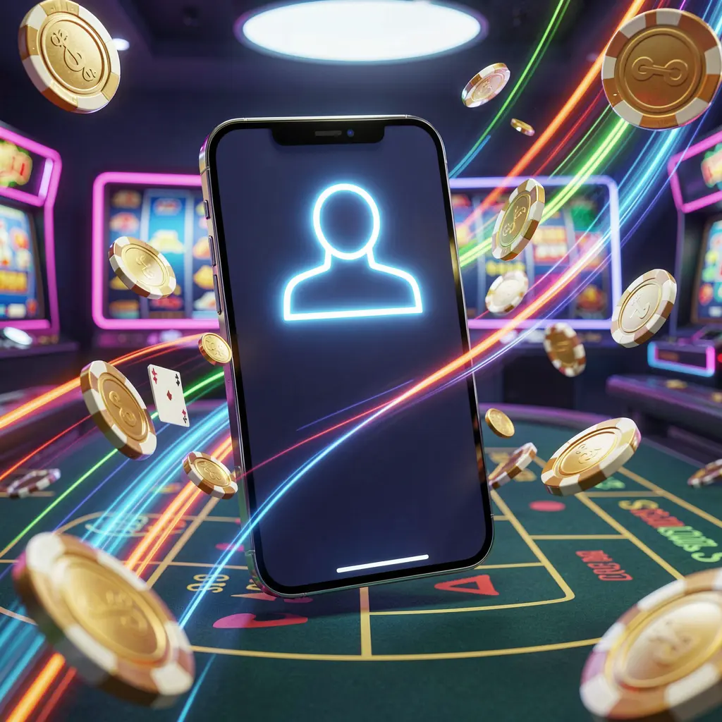 Fast casino login banner featuring a smartphone with a bright user icon, speed light trails, and golden coins and chips flying around in a modern neon casino style, showcasing K7 BTD branding in a high detail 3D render