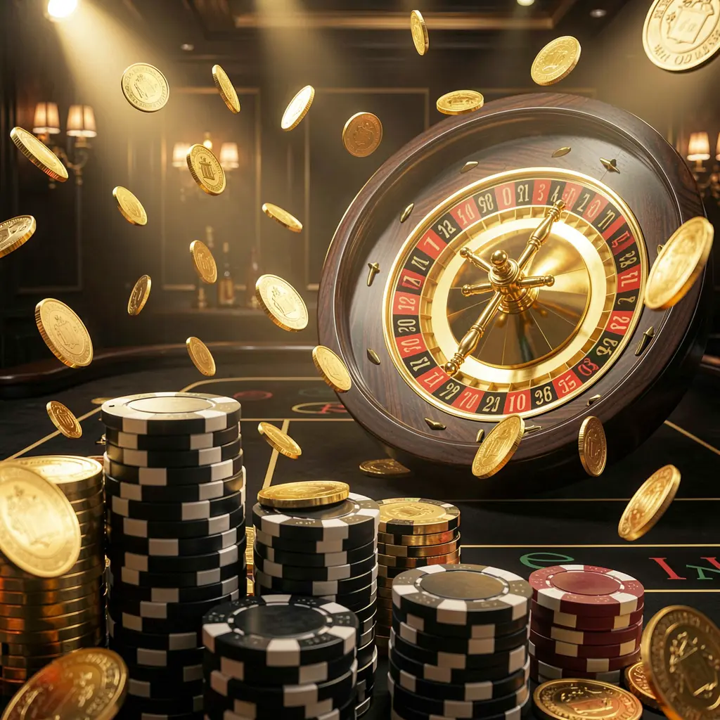 K7 BTD online casino main page background featuring dramatic casino lights, golden coins flying, stacked poker chips in the foreground, and a roulette wheel behind in a luxury black and gold atmosphere